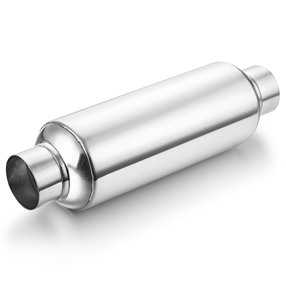 3" inlet/Outlet 12" Overall Length Stainless Steel Performance Muffler, Polished, Straight Through Design, Deep Tone