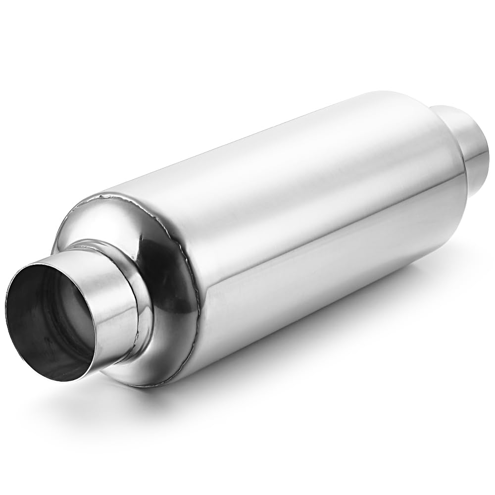 3" inlet/Outlet 12" Overall Length Stainless Steel Performance Muffler, Polished, Straight Through Design, Deep Tone