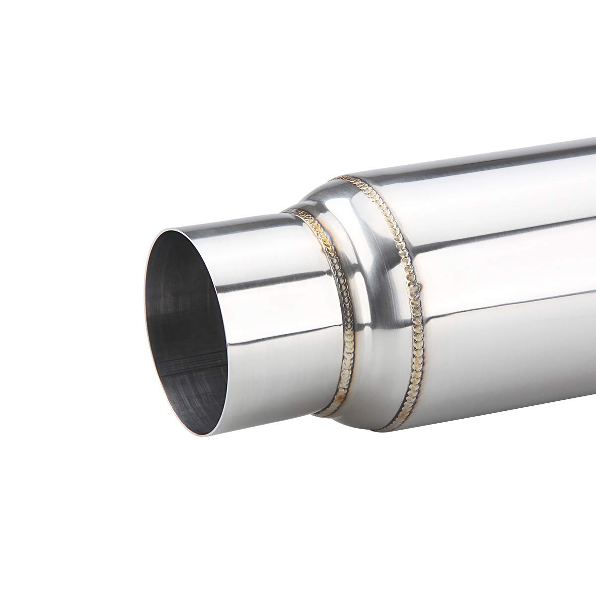 3" inlet/Outlet 12" Overall Length Stainless Steel Performance Muffler, Polished, Straight Through Design, Deep Tone
