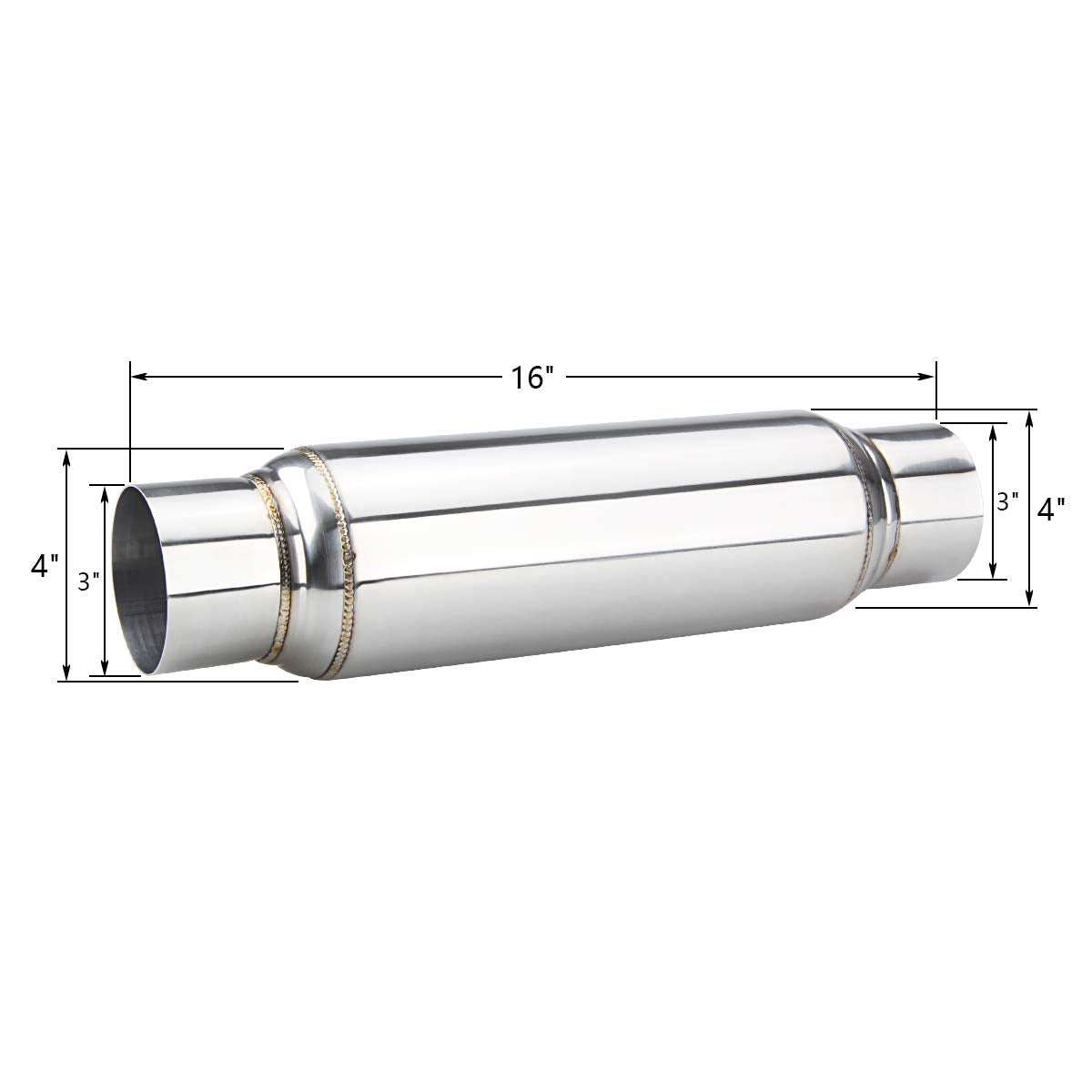 3" inlet/Outlet 12" Overall Length Stainless Steel Performance Muffler, Polished, Straight Through Design, Deep Tone