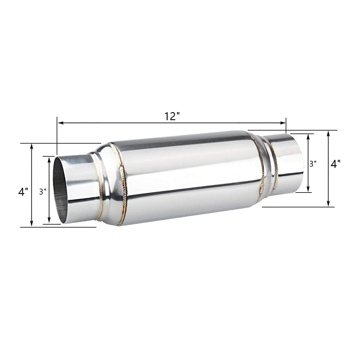 3" inlet/Outlet 12" Overall Length Stainless Steel Performance Muffler, Polished, Straight Through Design, Deep Tone