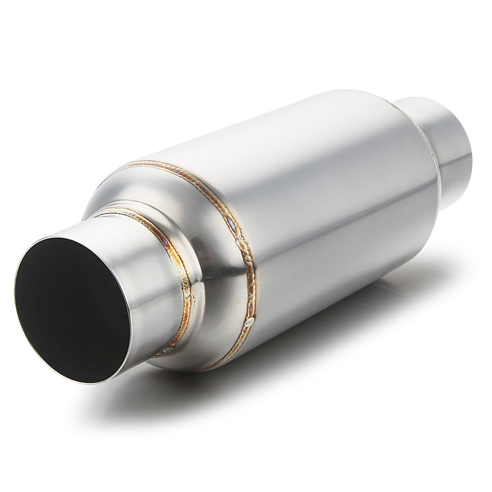 3" inlet/Outlet 12" Overall Length Stainless Steel Performance Muffler, Polished, Straight Through Design, Deep Tone