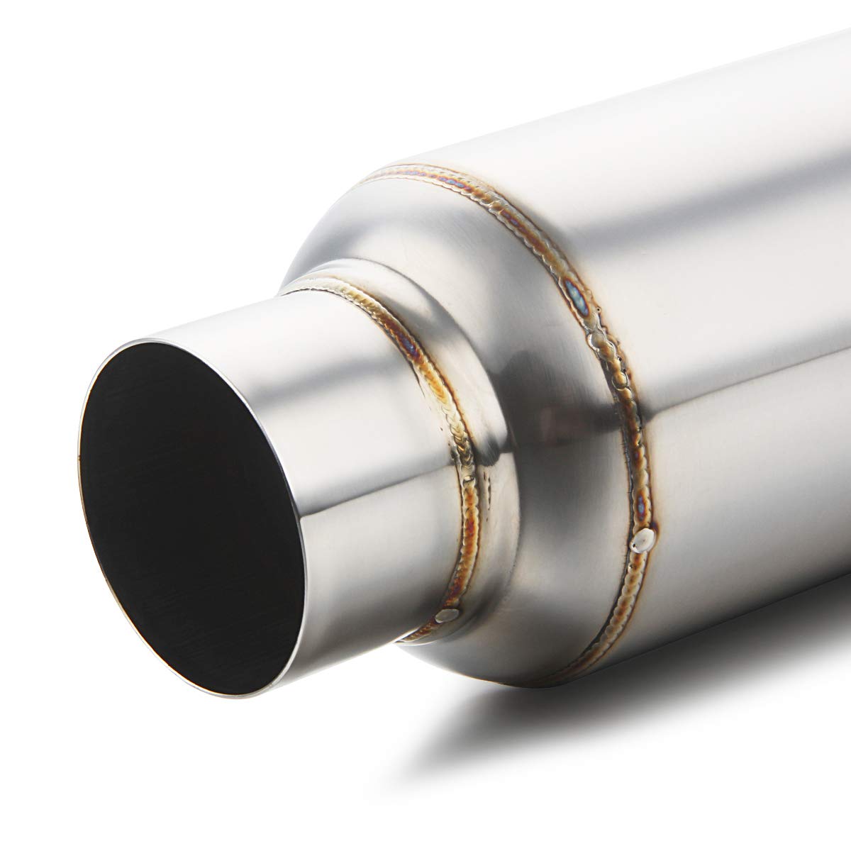 3" inlet/Outlet 12" Overall Length Stainless Steel Performance Muffler, Polished, Straight Through Design, Deep Tone