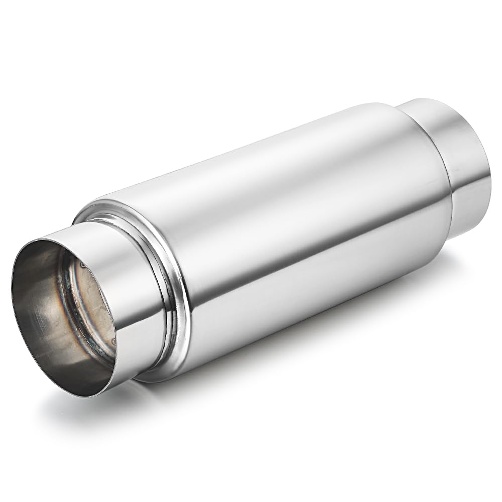 3" inlet/Outlet 12" Overall Length Stainless Steel Performance Muffler, Polished, Straight Through Design, Deep Tone