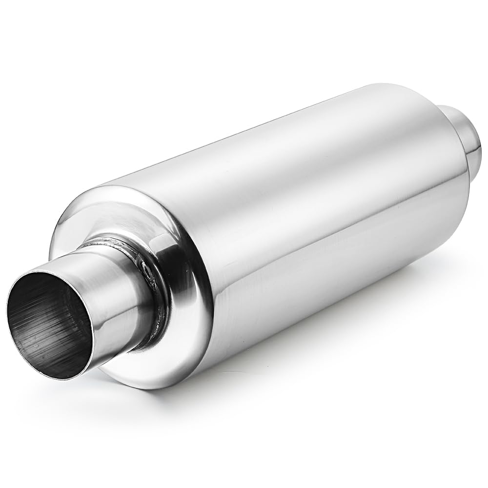 3" inlet/Outlet 12" Overall Length Stainless Steel Performance Muffler, Polished, Straight Through Design, Deep Tone