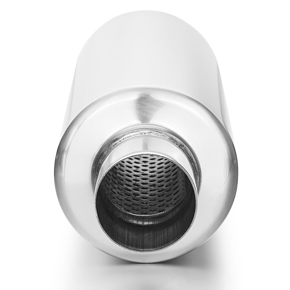 3" inlet/Outlet 12" Overall Length Stainless Steel Performance Muffler, Polished, Straight Through Design, Deep Tone
