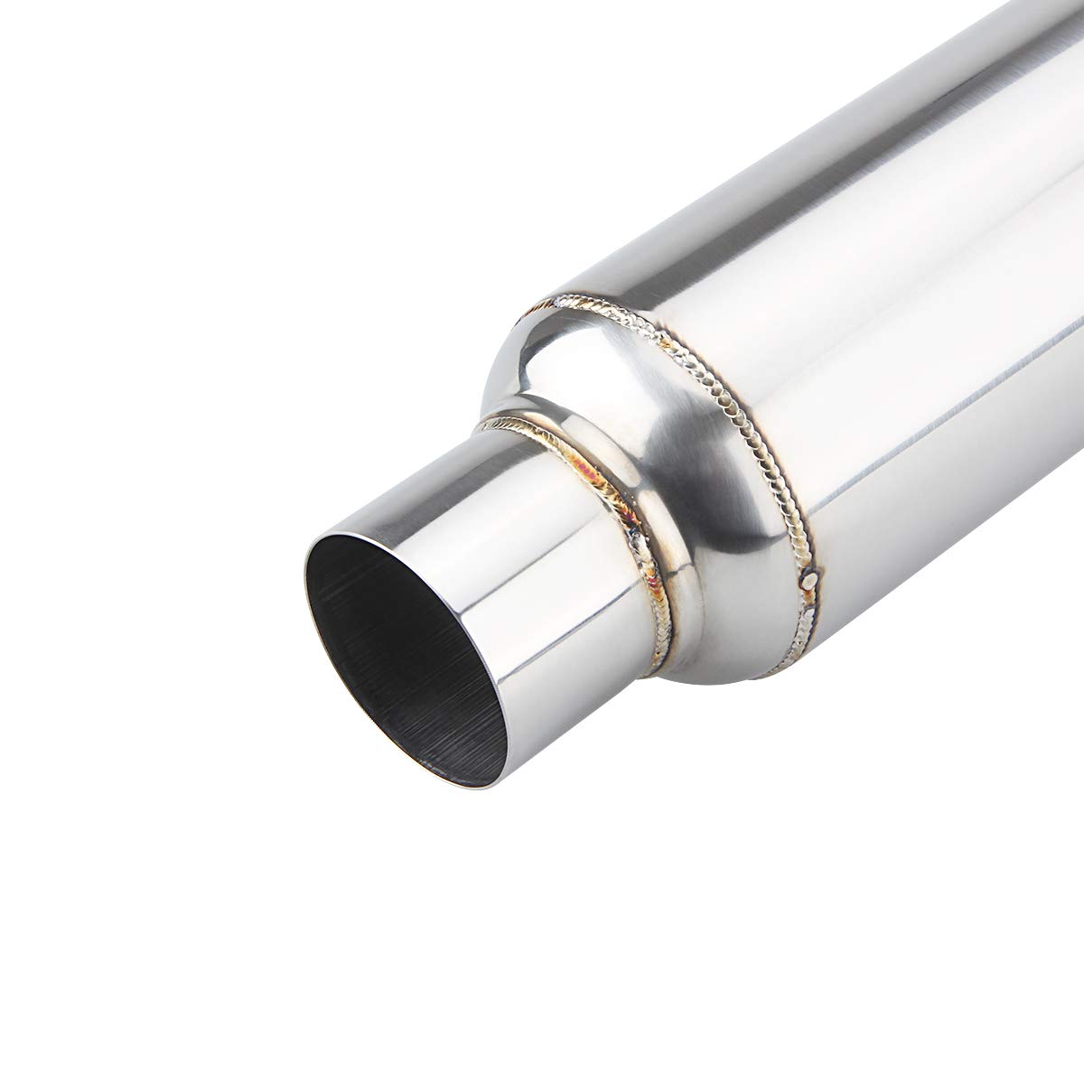 3" inlet/Outlet 12" Overall Length Stainless Steel Performance Muffler, Polished, Straight Through Design, Deep Tone