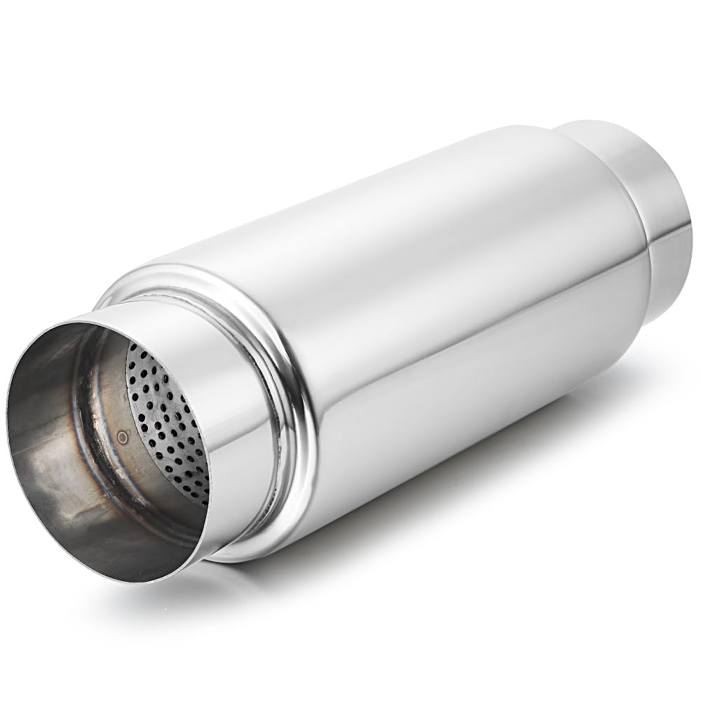 3" inlet/Outlet 12" Overall Length Stainless Steel Performance Muffler, Polished, Straight Through Design, Deep Tone