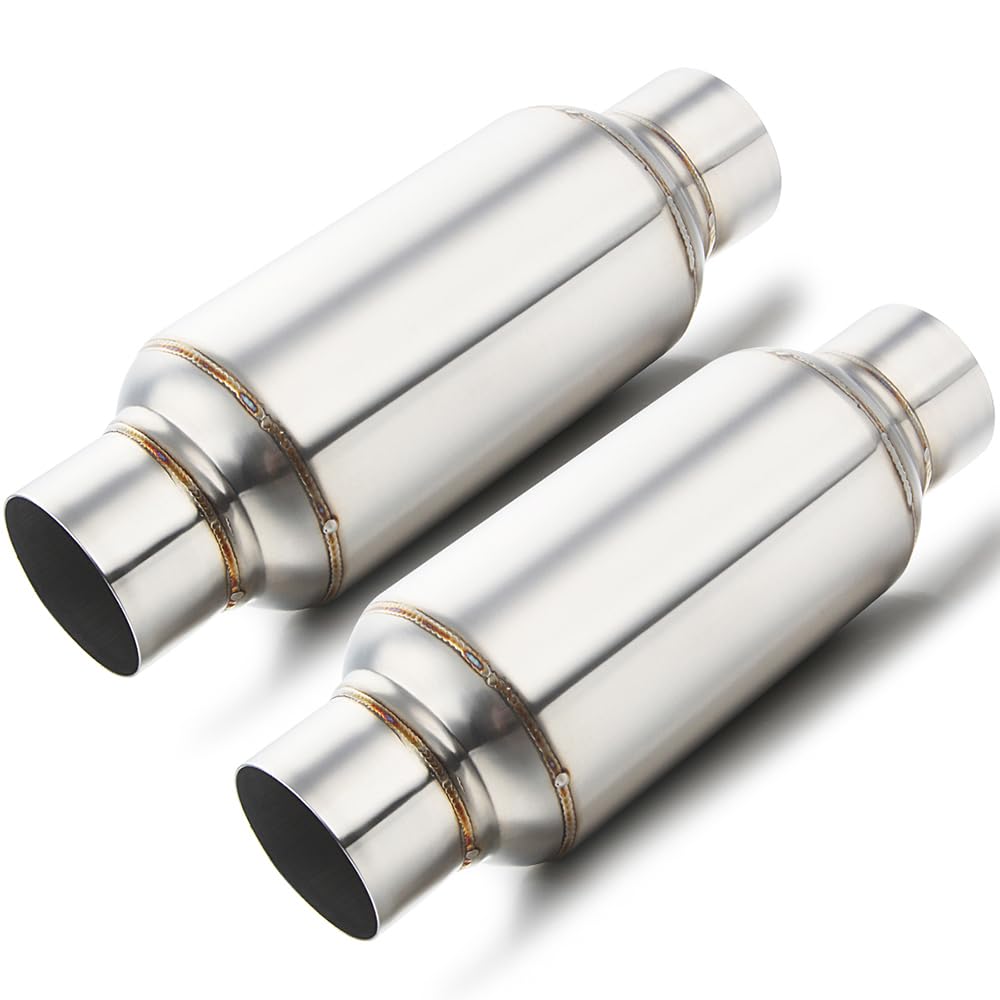 3" inlet/Outlet 12" Overall Length Stainless Steel Performance Muffler, Polished, Straight Through Design, Deep Tone