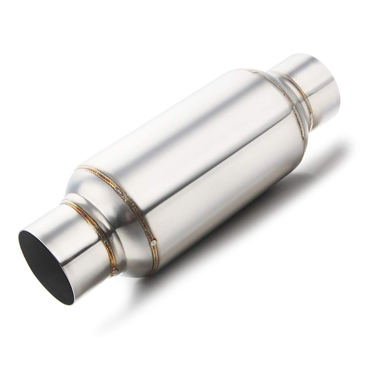 3" inlet/Outlet 12" Overall Length Stainless Steel Performance Muffler, Polished, Straight Through Design, Deep Tone
