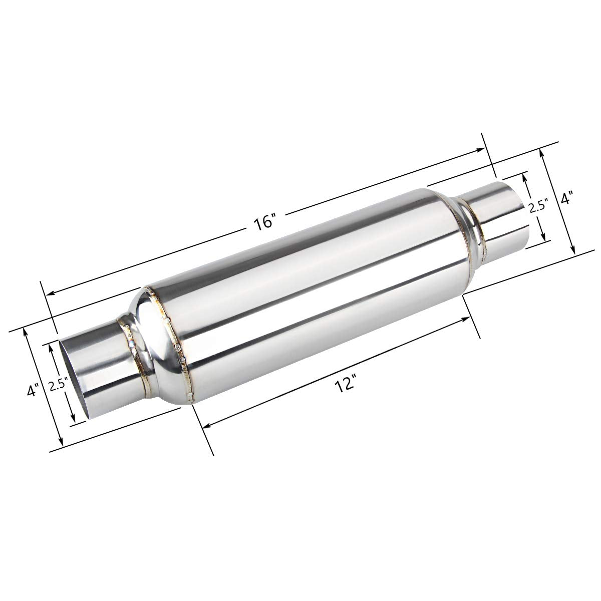 3" inlet/Outlet 12" Overall Length Stainless Steel Performance Muffler, Polished, Straight Through Design, Deep Tone
