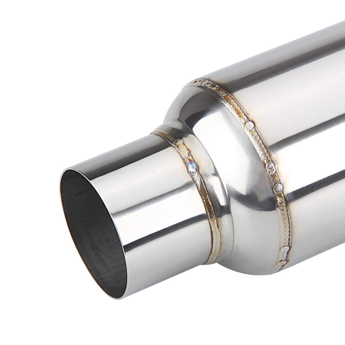3" inlet/Outlet 12" Overall Length Stainless Steel Performance Muffler, Polished, Straight Through Design, Deep Tone